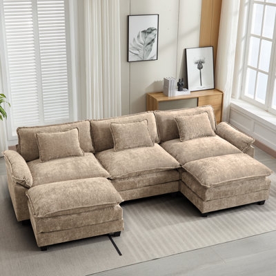 Beige Modular Sectional with Two Matching Ottomans forming a Pit