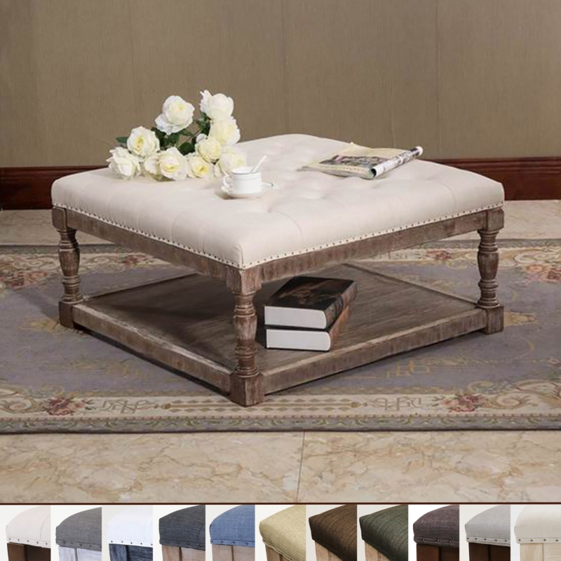 Beige Ottoman with Lower Storage Shelf, Tufted Seat, Modern Farmhouse
