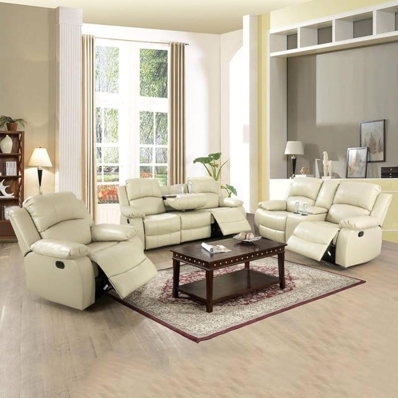Beige Reclining Living Room Set Storage Console Cup Holders Manual