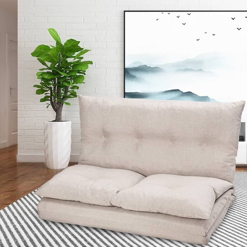 Beige Ribbed Foldable Floor Sofa with Adjustable Backrest