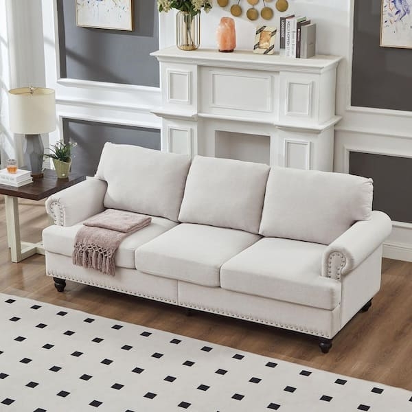 Beige Rolled Arm Sofa with Storage, Tapered Legs, Nailhead Trim