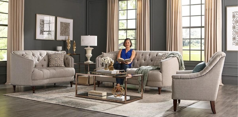Beige Sofa in Minimalist Living Room with Wall Paneling