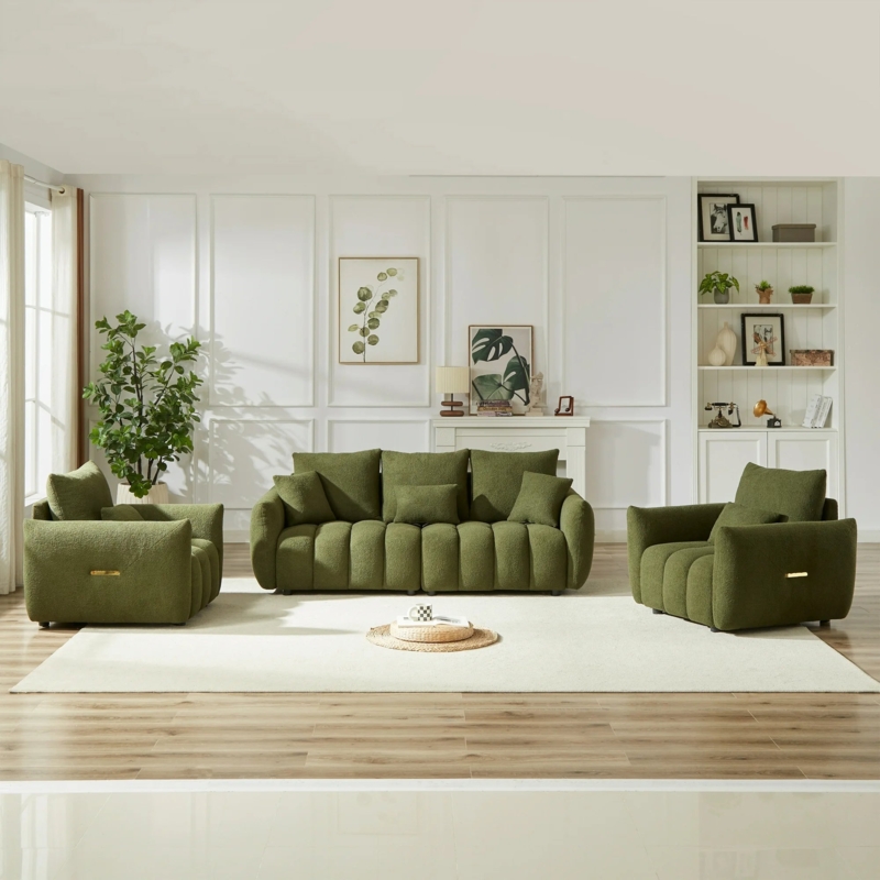 Beige Teddy Fabric Living Room Set Curved Organic Shape