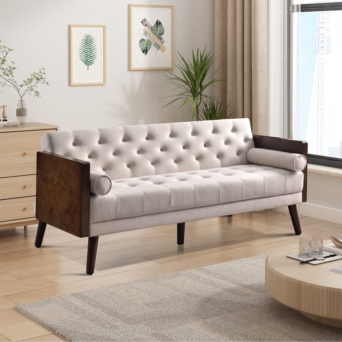 Beige Tufted Futon Sofa with Matching Bolsters and Tapered Legs