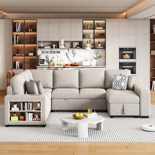 Beige U-Shaped Sectional featuring Pull-Out Sleeper and USB Ports