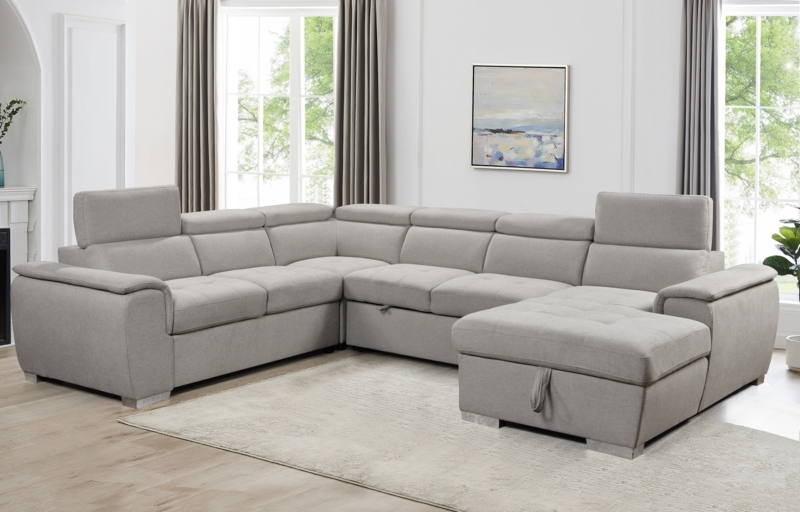 Beige U-Shaped Sectional Sofa Adjustable Headrest Modern Layout Fabric