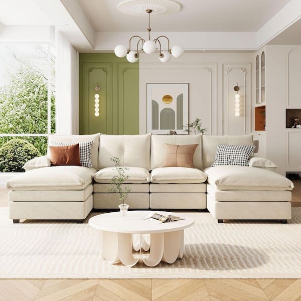 Beige U-Shaped Sectional with Channeled Tufting