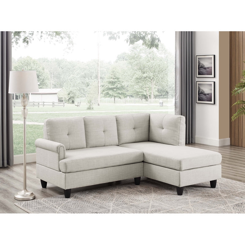 Beige Upholstered L-Shaped Sectional Sofa with Square Arms