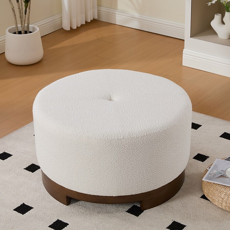 Beige Upholstered Round Ottoman with Button Tufting and Splayed Legs