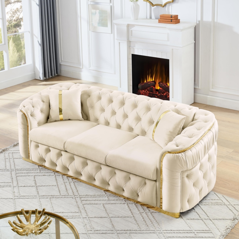 Beige Velvet Chesterfield Sofa Gold Tapered Legs Mid Century Glam