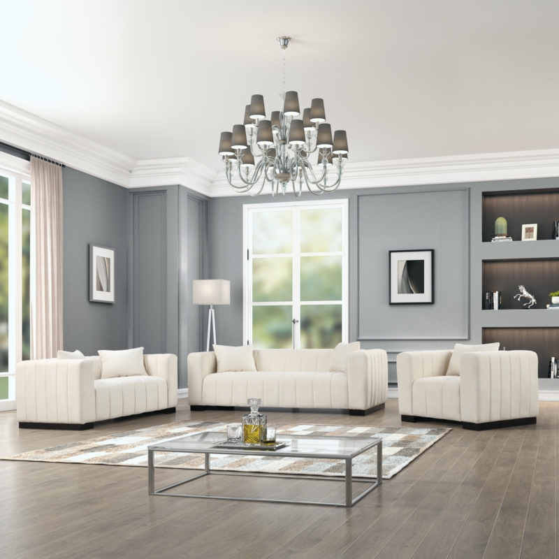 Beige Velvet Living Room Set Button Tufted Tapered Black Legs