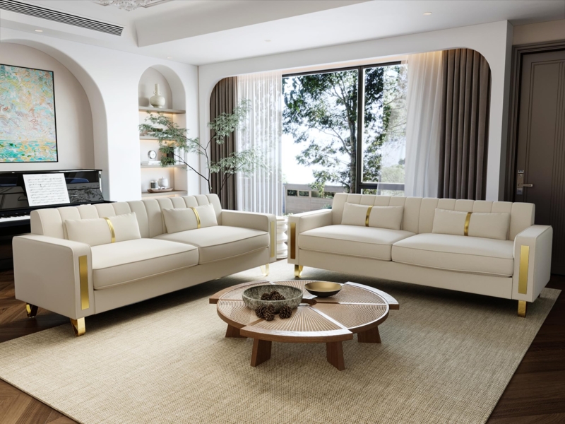 Beige Velvet Living Room Set Vertical Channel Tufting Gold Legs