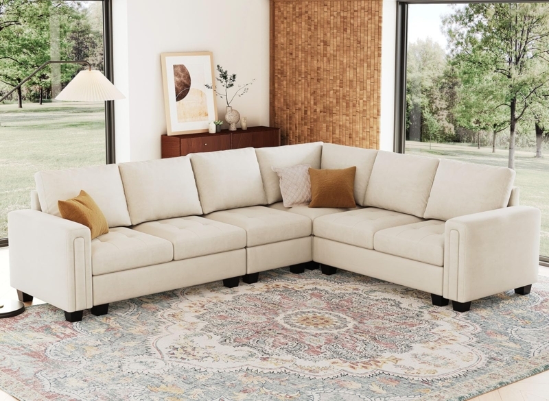 Beige Velvet Modular Sectional Sofa with Reversible Chaise Lounge