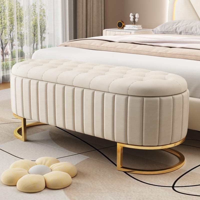 Beige Velvet Storage Ottoman Bench with Button Tufting