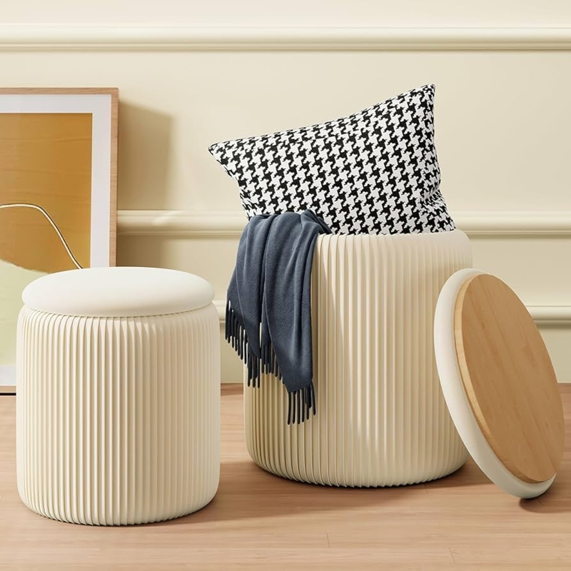 Beige Velvet Storage Ottoman Set with Vertical Pleating and Gold Base