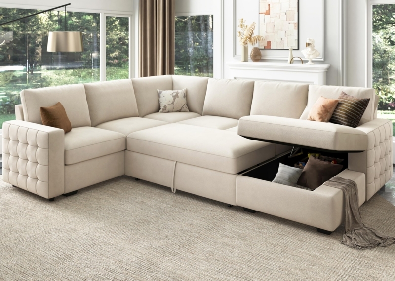Beige Velvet U-Shaped Sectional, Square Tufting Details
