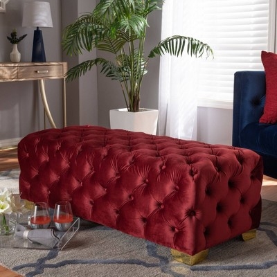 Bench Ottoman Red Velvet with Gold Tapered Legs and Tufting