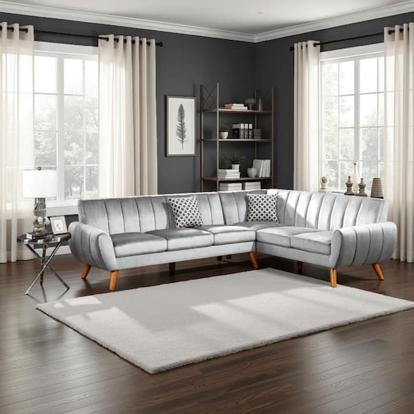 Benjara Lynn 2 Piece L Shaped Sectional Sofa, Vertical Tufting, Velvet, Light Gray