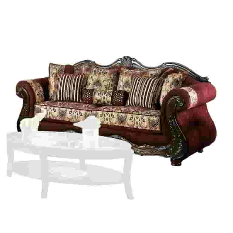 Benjara Sofa with Paisley Fabric and Ornate Details, Red and Brown - 
