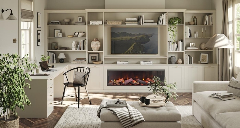 Bespoke Entertainment Center with Desk Niche and Integrated Fireplace