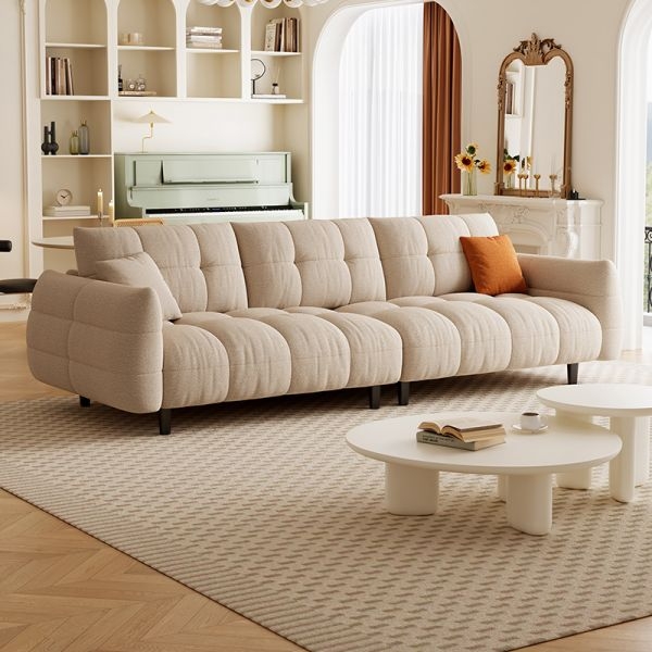 Biscuit Back Sofa Extra Long Single Bench Seat Milk Tea Beige