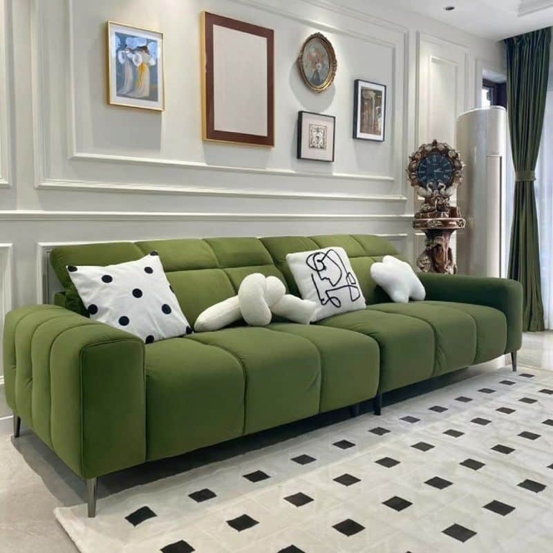 Biscuit Back Sofa Sage Green with Square Arms and Grid Tufting