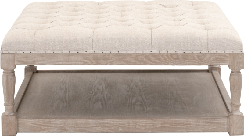 Bisque Tufted Coffee Table with Slatted Wood Shelf