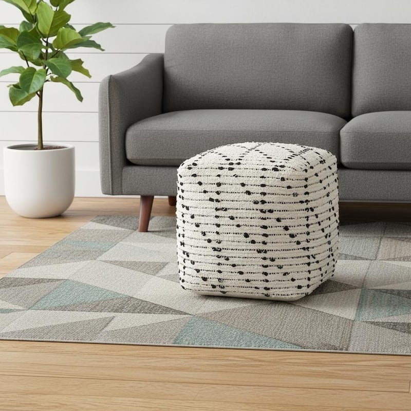 Black and Cream Geometric Diamond Motif Pouf Ottoman Bohemian Style