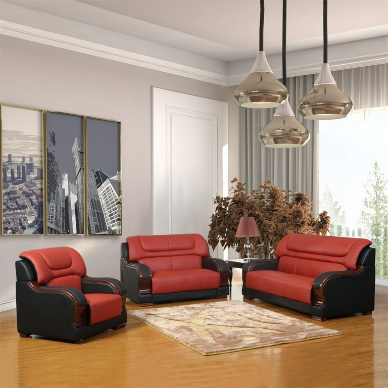 Black And Red Sofa Set Leather Like Low Profile Metal Legs