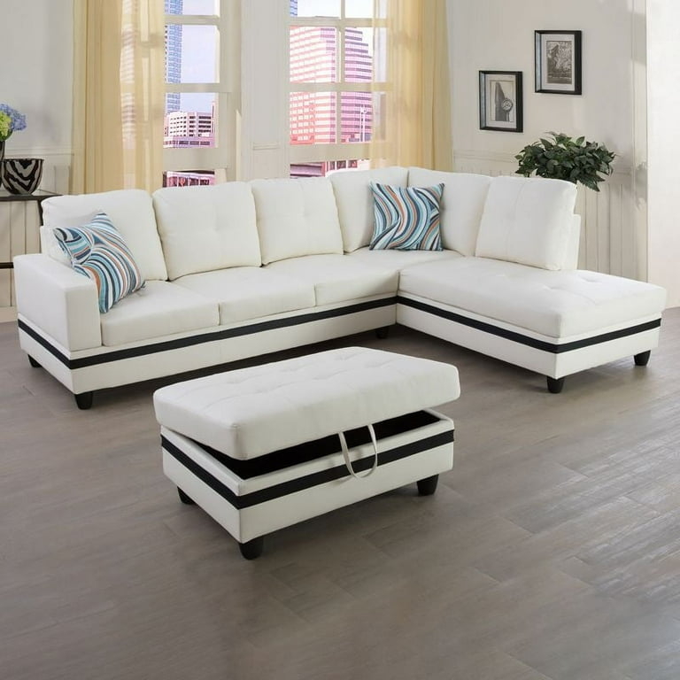 Black and White Leather-Like Sectional Sofa with Tufted Seat