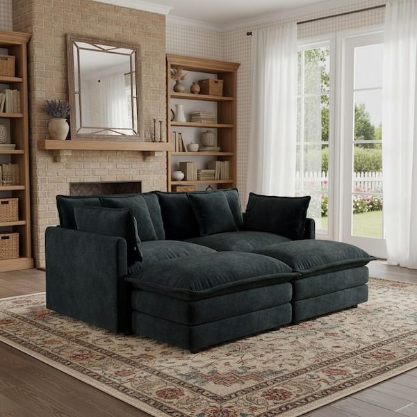 Black Chenille Modular Sectional with Ottomans