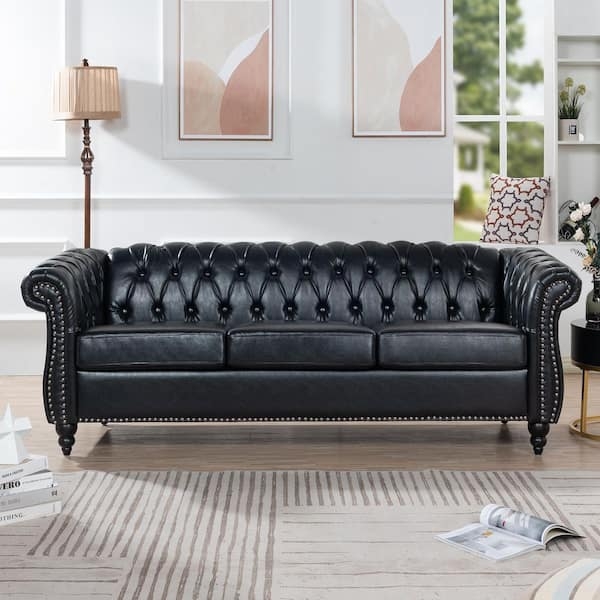 Black Chesterfield Sofa, Deep Button Tufting, Silver Nailhead Trim