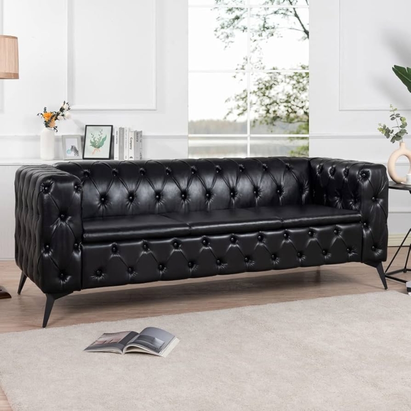 Black Chesterfield Sofa Leather Like Iron Legs Tufted