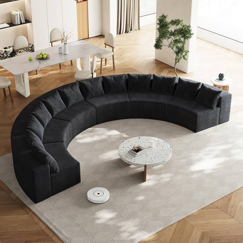 Black Corduroy Curved Sectional Sofa with Tufted Seat Cushions