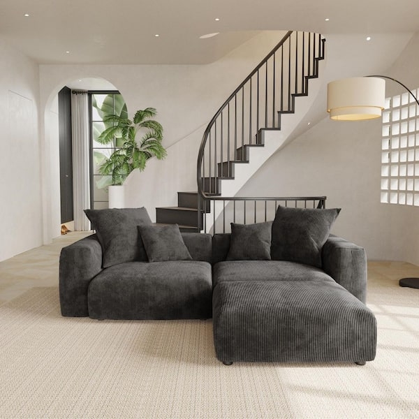 Black Corduroy Sectional Sofa Layout Modular Ottoman Deep Seating