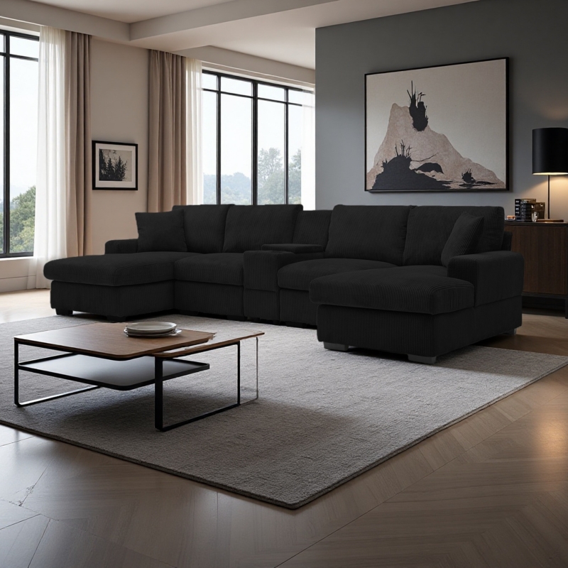 Black Corduroy Sectional Sofa U-Shaped with Console and Double Chaise