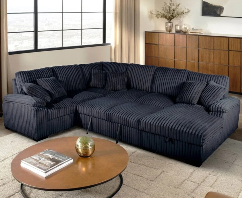 Black Corduroy Sleeper Sectional Sofa with Pull Out Bed