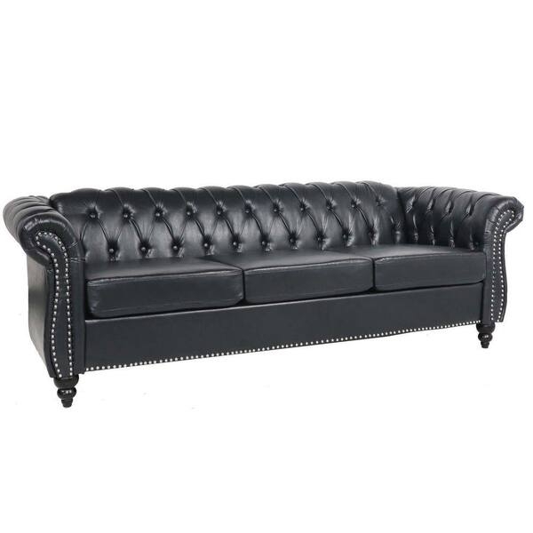 Black Curved Chesterfield Sofa with Deep Button Tufting Details