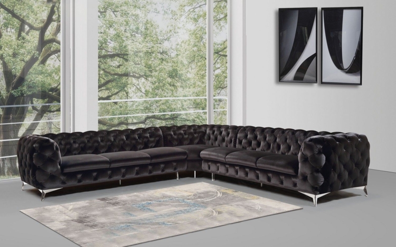 Black Fabric Sectional Sofa Deep Tufted Low Profile with Wide Arms