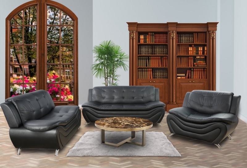 Black Faux Leather Living Room Set, Button Tufted