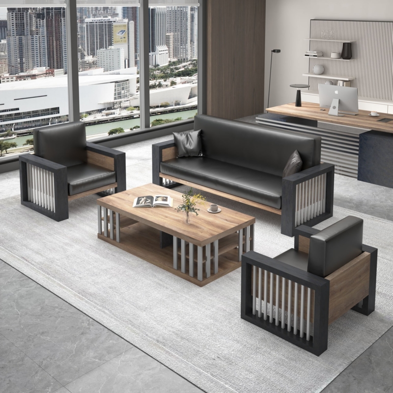 Black Faux Leather Living Room Set Exposed Wood Frame Button Tufted