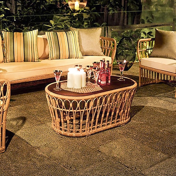 Black Glass and Rattan Coffee Table Oval Silhouette