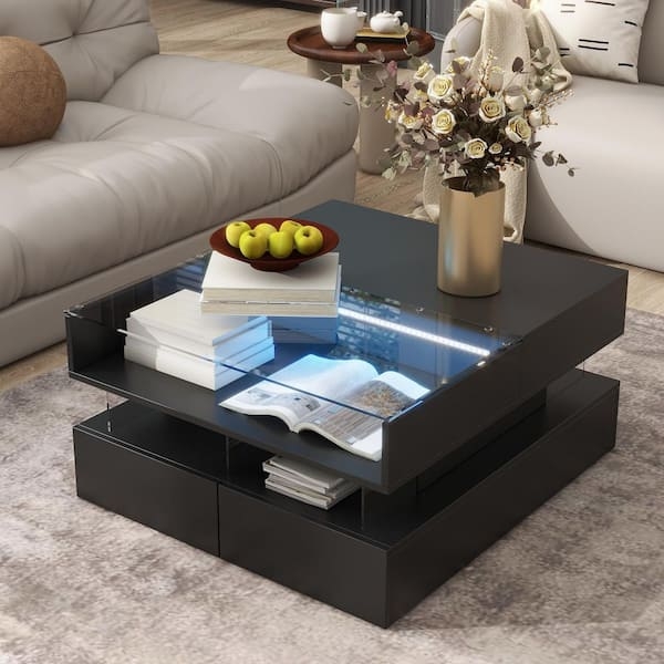 Black High-Gloss Lift-Top Coffee Table with LED Lighting and Glass Top