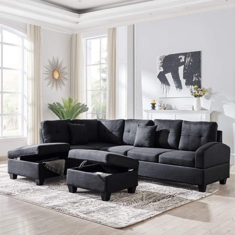 Black L-Shaped Sectional Sofa with Integrated Cup Holders and Ottoman