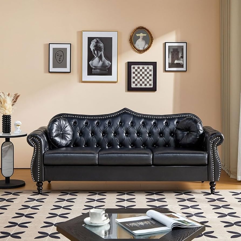 Black Leather-Like Chesterfield Sofa, Deep Button & Nailhead Tufting