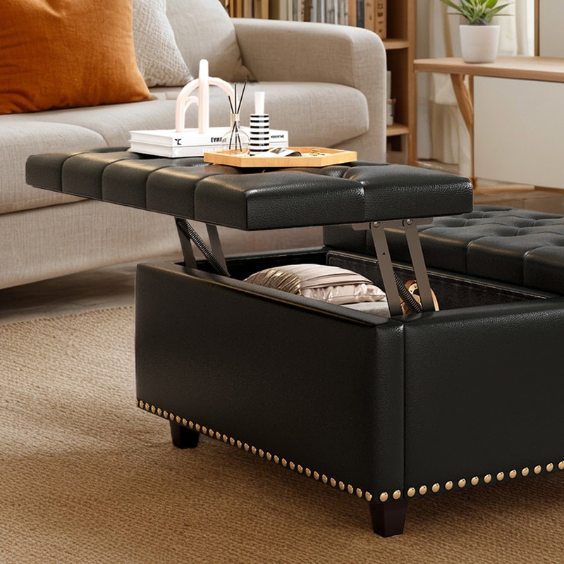 Black Leather-Like Lift-Top Storage Ottoman Table