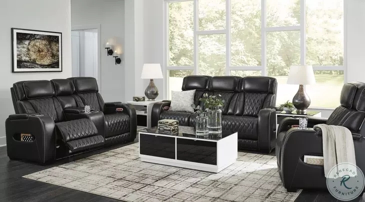 Black Leather-Like Power Reclining Living Room Set with Console