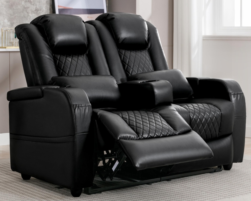 Black Leather-Like Reclining Loveseat with Console