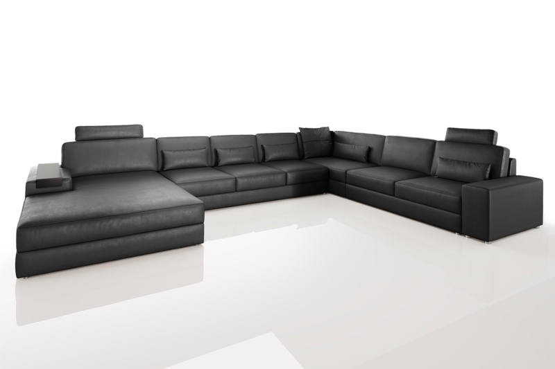 Black Leather-Like Sectional Sofa: LED Lighting U-Shaped Built-In Storage