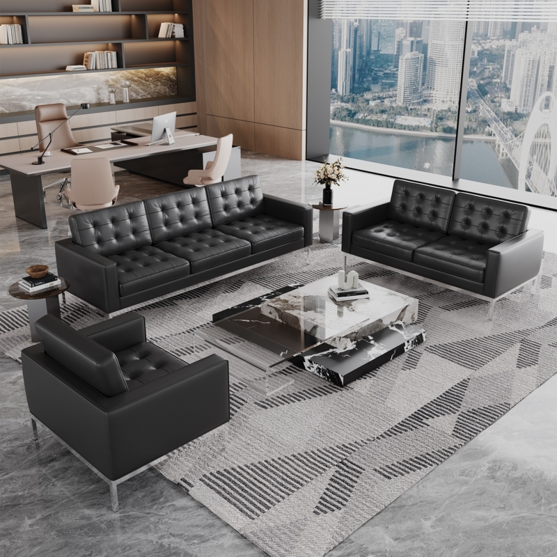 Black Leather-Like Sofa, Track Arms, Full Seat Tufting, Silver Nailheads